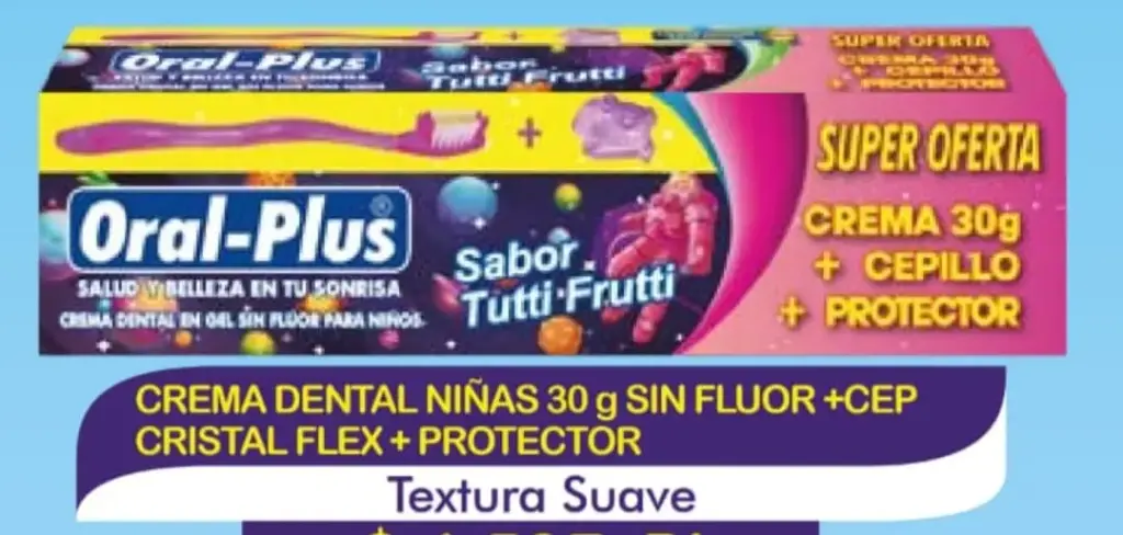 CREMA DENTAL SIN FLUOR ORAL PLUS X 30 NIÑA + CEP CRISTAL FLEX + PROT